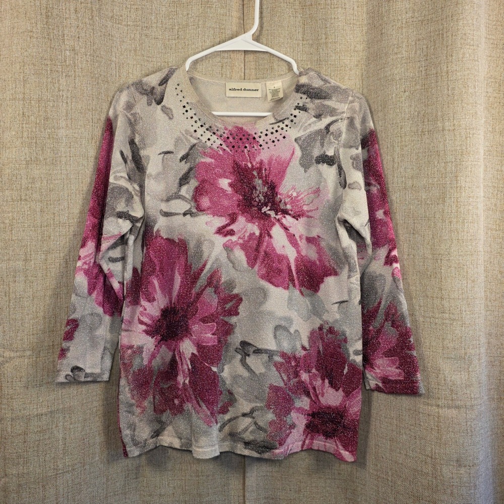 Alfred‎ Dunner Pink Floral Sparkly Pullover Top Women's S Embellished 3/4 Sleeve
